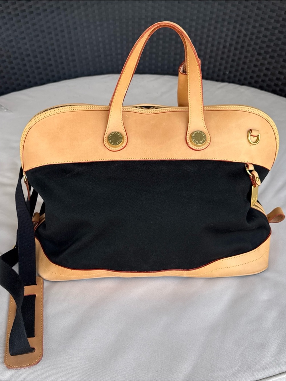 Dooney & Bourke Black Canvas &  Natural Leather Weekender Bag with strap Ex Cond